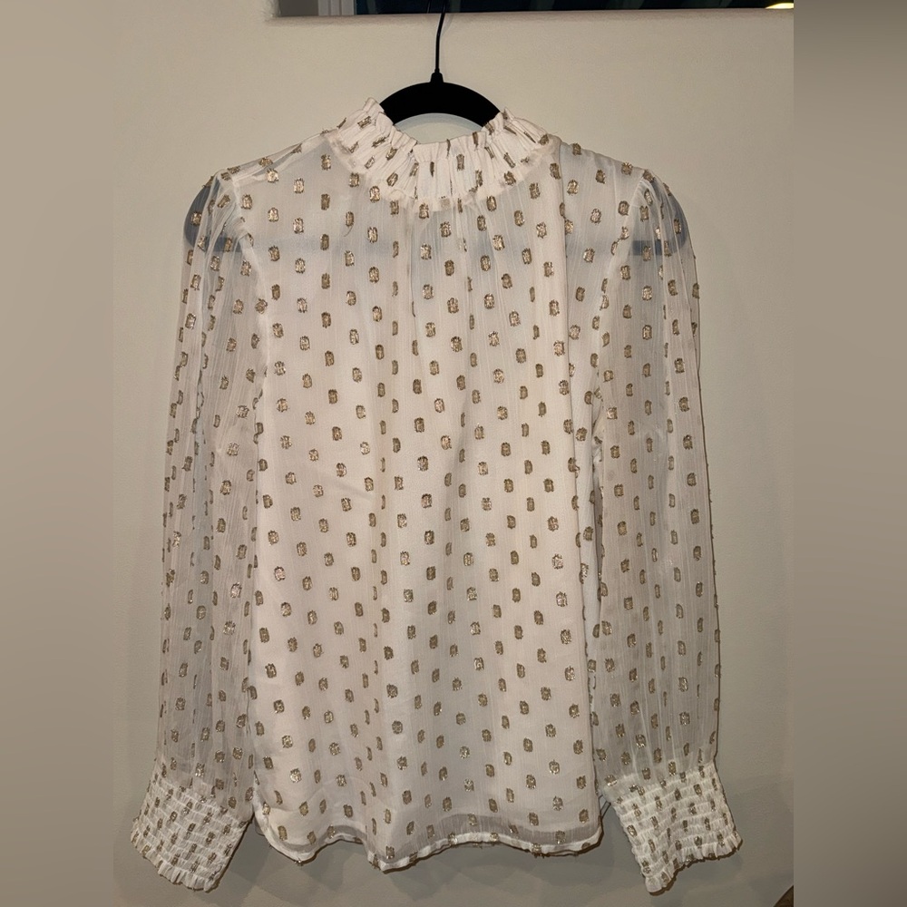 LOFT Cream Pleated Ruffled Blouse with Mandarin Collar